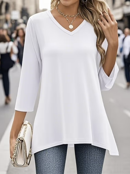 

Casual Plain V Neck Long Sleeve T-shirt, White, Shirts