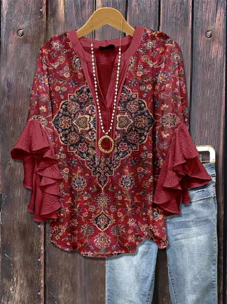 

Women Floral Half Sleeve Shirt Summer Printing V Neck Daily Casual Top, Deep red, Shirts