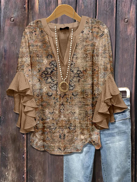 

Women Floral Half Sleeve Shirt Summer Printing V Neck Daily Casual Top, Brown, Shirts