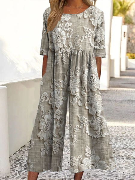 

Women Floral Crew Neck Short Sleeve Casual Summer Jumpsuit, As picture, Jumpsuits＆Rompers