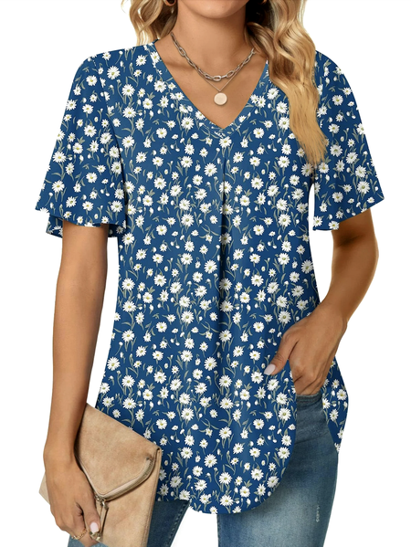 

V Neck Short Sleeve Floral Regular Micro-Elasticity Regular Fit Shirt For Women, Aqua blue, Shirts