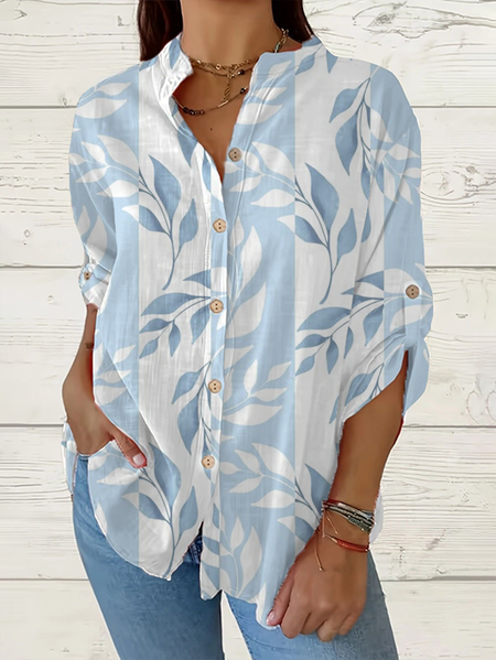 

Women Floral Long Sleeve Shirt Spring/Fall Printing Stand Collar Daily Casual Top, Blue, Shirts