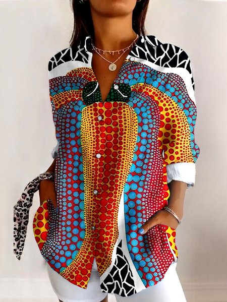 

V Neck Long Sleeve Geometric Regular Micro-Elasticity Regular Fit Shirt For Women, Blue, Shirts