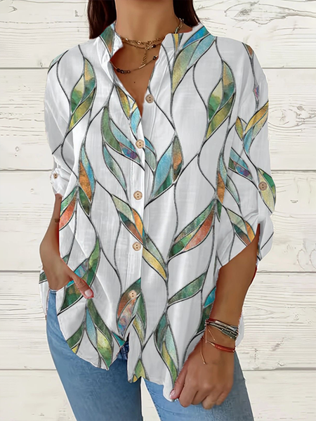 

Women Leaf Long Sleeve Shirt Spring/Fall Printing Stand Collar Daily Casual Top, White, Shirts
