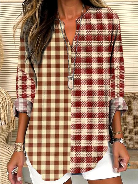 

V Neck Long Sleeve Geometric Regular Micro-Elasticity Regular Fit Shirt For Women, Khaki, Shirts