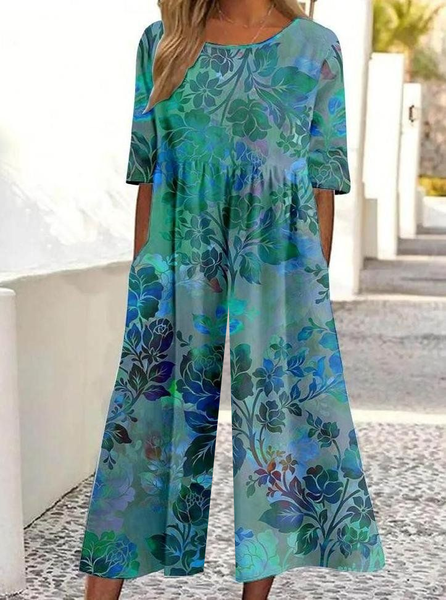 

Women Floral Crew Neck Short Sleeve Casual Summer Jumpsuit, Green, Jumpsuits＆Rompers