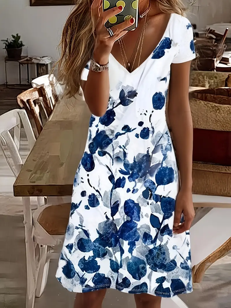 

Women Floral Short Sleeve Summer Printing Dress V Neck Daily Casual Midi Fit & Flare Dress A-Line Dress, White, Casual Dresses