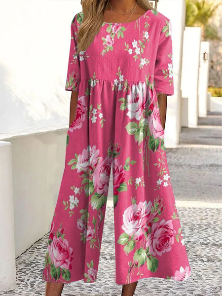 

Women Floral Crew Neck Short Sleeve Casual Summer Jumpsuit, Deep pink, Jumpsuits＆Rompers