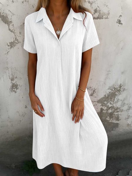 

Women Plain Shirt Collar Short Sleeve Comfy Casual Maxi Dress, White, Maxi