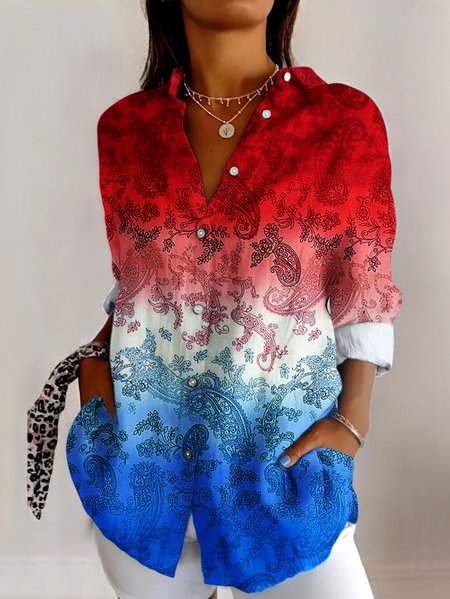 

V Neck Long Sleeve Geometric Regular Micro-Elasticity Regular Fit Shirt For Women, Red, Shirts