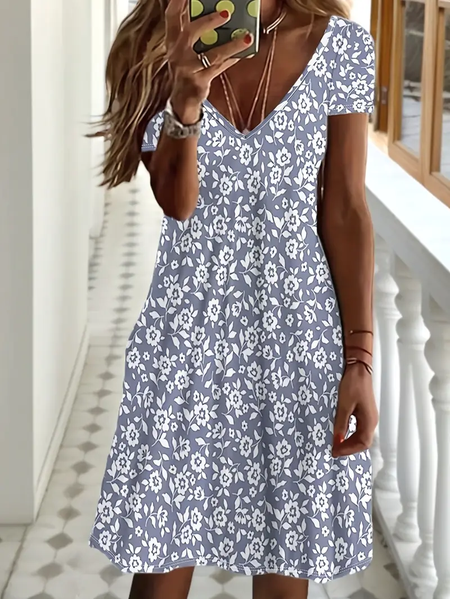 

Women Floral Short Sleeve Summer Printing Dress V Neck Daily Casual Midi Fit & Flare Dress A-Line Dress, Gray, Casual Dresses