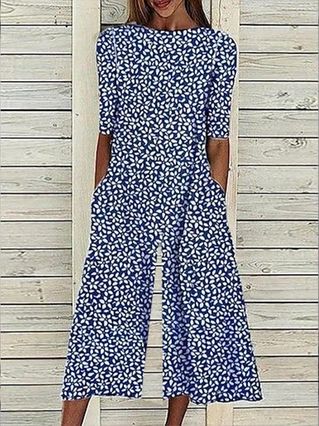 

Women Floral Crew Neck Short Sleeve Casual Summer Jumpsuit, Purplish blue, Jumpsuits＆Rompers