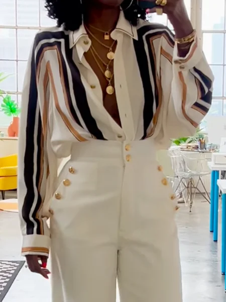 

Urban Striped Printing Shirt Collar Shirt, As picture, Blouses and Shirts
