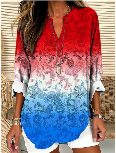 

V Neck Long Sleeve Geometric Regular Micro-Elasticity Regular Fit Shirt For Women, Red, Shirts