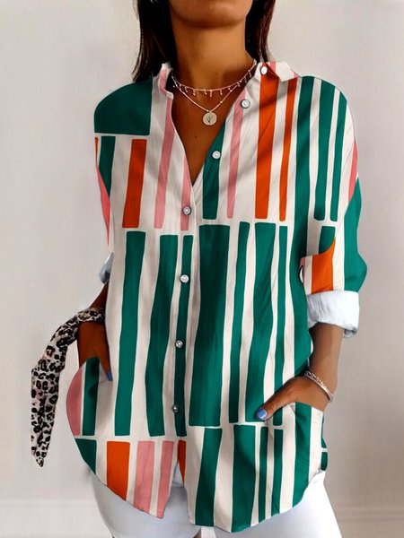 

V Neck Long Sleeve Geometric Regular Micro-Elasticity Regular Fit Shirt For Women, Green, Shirts