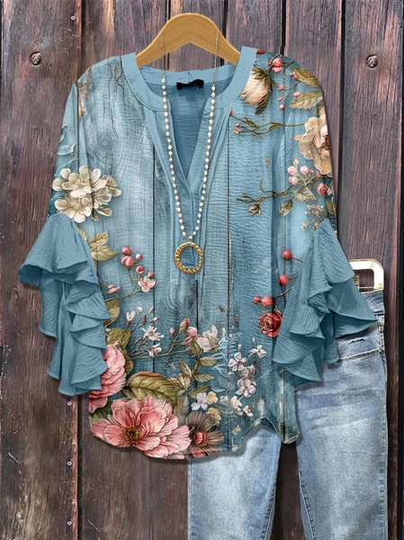 

Women Floral Half Sleeve Shirt Summer Printing V Neck Daily Casual Top, Blue, Shirts