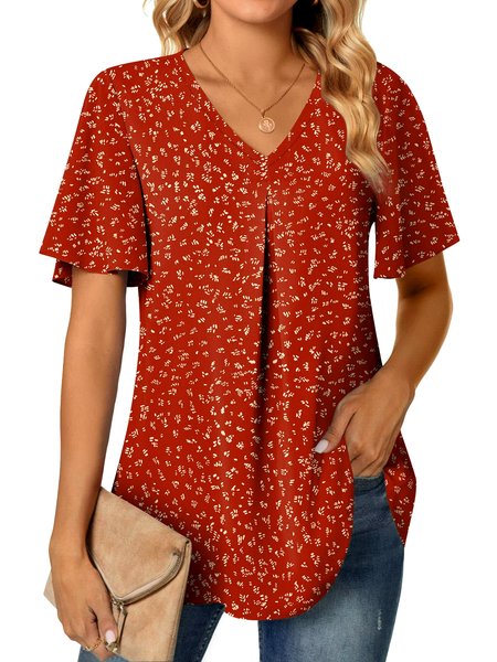

V Neck Short Sleeve Floral Regular Micro-Elasticity Regular Fit Shirt For Women, Red, Shirts
