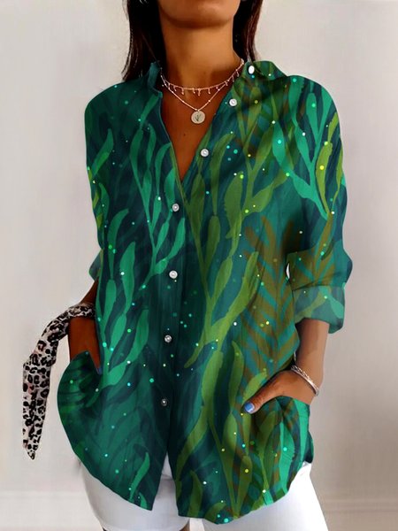 

V Neck Long Sleeve Geometric Regular Micro-Elasticity Regular Fit Shirt For Women, Green, Shirts