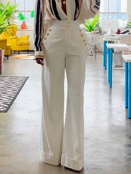 

Urban Plain Buttoned Straight Fashion Pants, White, Pants