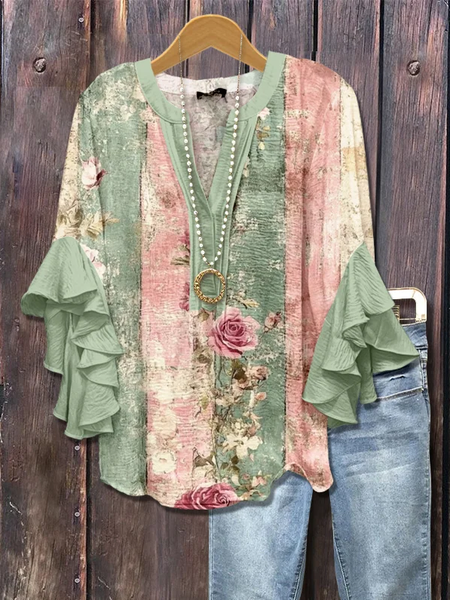 

Women Floral Half Sleeve Shirt Summer Printing V Neck Daily Casual Top, Green, Shirts