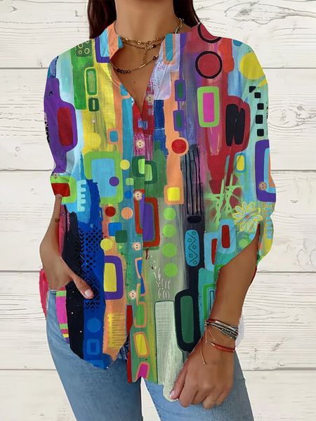 

Women Geometric Long Sleeve Shirt Spring/Fall Printing Stand Collar Daily Casual Top, Multicolor, Shirts