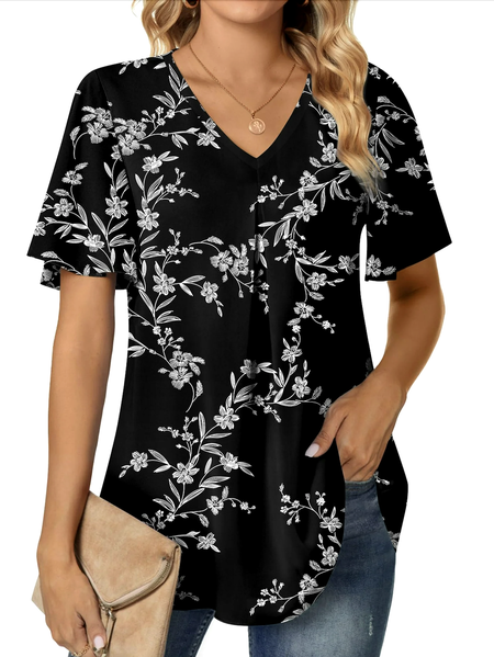 

V Neck Short Sleeve Floral Regular Micro-Elasticity Regular Fit Shirt For Women, Black, Shirts