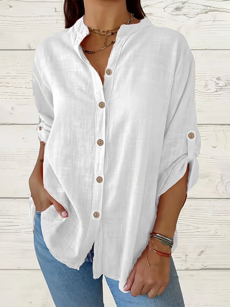 

Women Plain Long Sleeve Shirt Spring/Fall Printing Stand Collar Daily Casual Top, White, Shirts