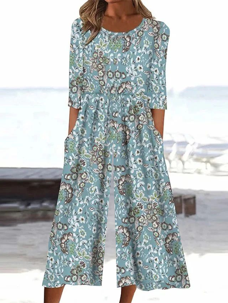 

Women Floral Crew Neck Short Sleeve Casual Summer Jumpsuit, Blue, Jumpsuits＆Rompers