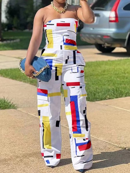 

Urban Printing Geometric Strapless Tube Jumpsuit, As picture, Jumpsuits