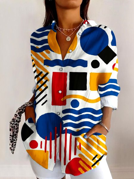 

V Neck Long Sleeve Geometric Regular Micro-Elasticity Regular Fit Shirt For Women, White, Shirts