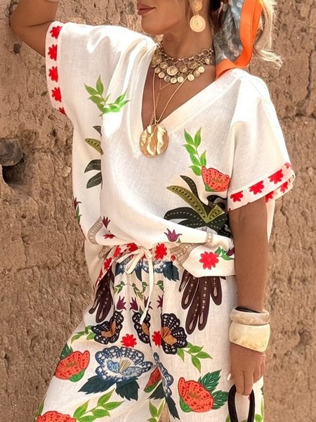 

Vacation Tropical Printing V Neck Raglan Sleeves Blouse, As picture, Blouses and Shirts