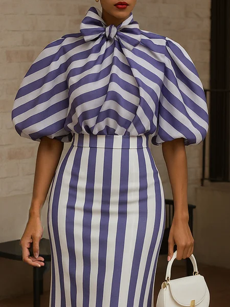 

Urban Striped Printing Puff Sleeve Blouse, Blue, Blouses and Shirts