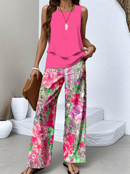 

Women Floral Two-Piece Set Daily Sleeveless Casual Summer Top With Pants Matching Set, Deep pink, Sets
