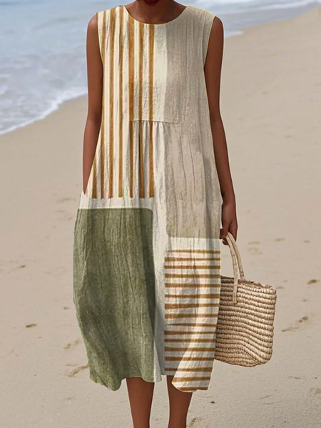 

Women Striped Summer Dress Crew Neck Sleeveless A-Line Dress, As picture, Dresses