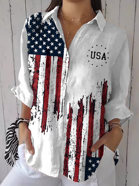 

Women Independence Day (Flag) Three Quarter Sleeve Shirt Spring/Fall Printing Shirt Collar Daily Casual Top, White, Shirts