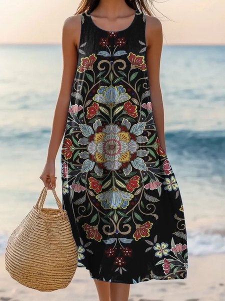 

Women Ethnic Summer Dress Crew Neck Sleeveless A-Line Dress, Black, Dresses