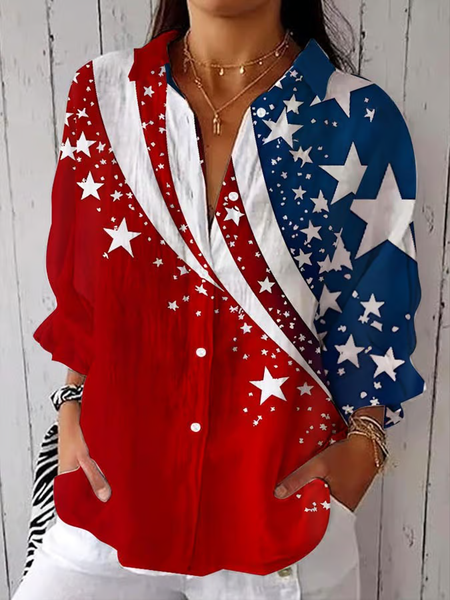

Women Independence Day (Flag) Three Quarter Sleeve Shirt Spring/Fall Printing Shirt Collar Daily Casual Top, Red, Shirts