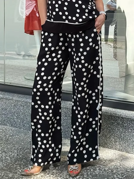 

Casual Polka Dots Printing Straight Fashion Pants, Black, Pants