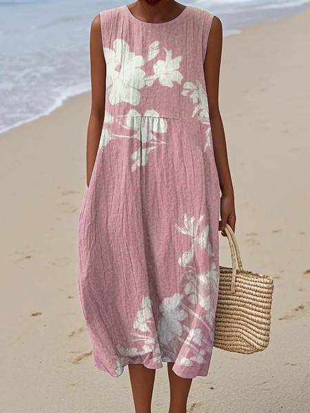 

Women Floral Summer Dress Crew Neck Sleeveless A-Line Dress, Pink, Dresses