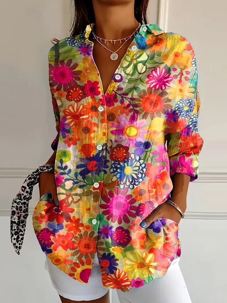 

Women's Long Sleeve Shirt Spring/Fall Floral Buckle Shirt Collar Daily Going Out Casual Top, As picture, Shirts