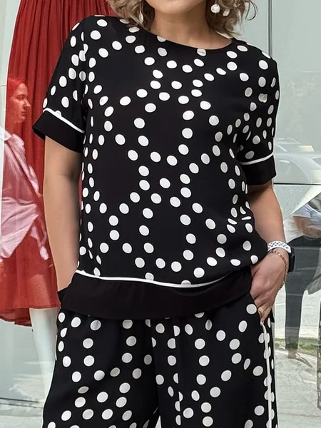 

Casual Polka Dots Printing Crew Neck Blouse, Black, Blouses and Shirts