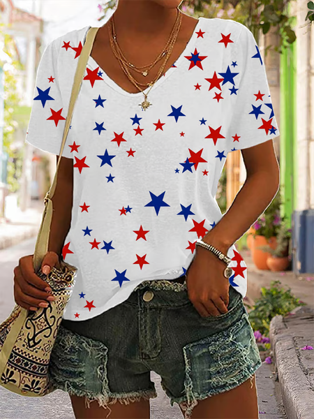 

Women Star Short Sleeve Tee T-shirt V Neck Printing Casual Graphic Tee Summer Top, White, T-Shirts