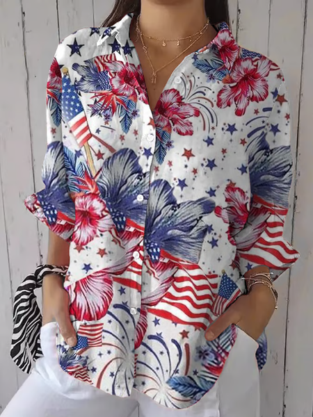 

Women Floral Three Quarter Sleeve Shirt Spring/Fall Printing Shirt Collar Daily Casual Top, White, Shirts