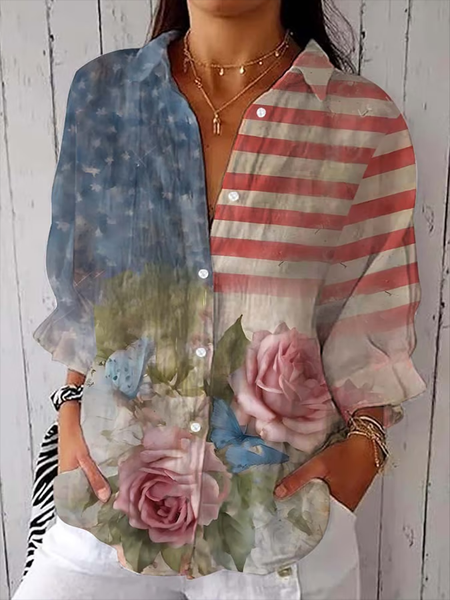 

Women Floral Three Quarter Sleeve Shirt Spring/Fall Printing Shirt Collar Daily Casual Top, As picture, Shirts