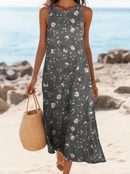 

Women Floral Summer Dress Crew Neck Sleeveless A-Line Dress, Black, Dresses