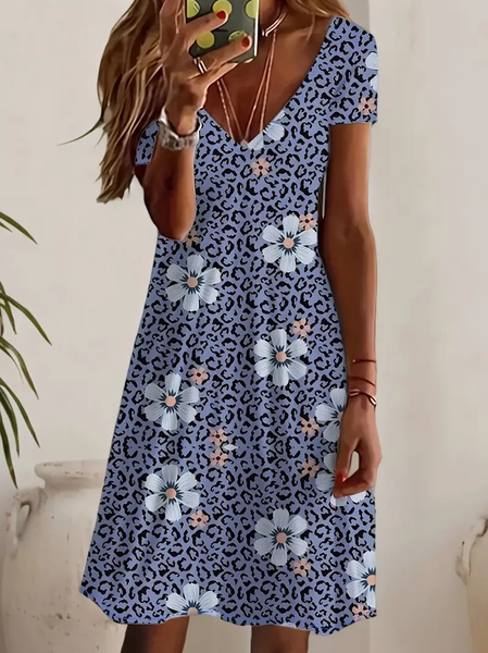 

Women Floral Short Sleeve Summer Printing Dress V Neck Daily Casual Midi Fit & Flare Dress A-Line Dress, Blue, Casual Dresses