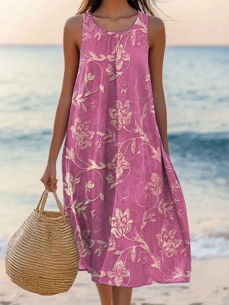 

Women Leaf Summer Dress Crew Neck Sleeveless A-Line Dress, Pink, Dresses