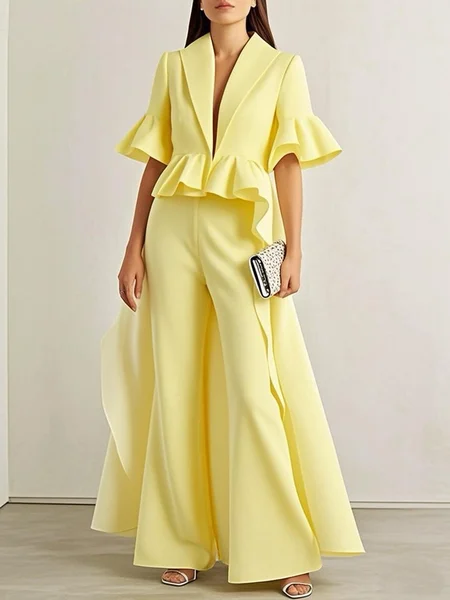 

Urban Ruffle Sleeve Irregular Craftsmanship Plain Shawl Collar Blazer, Light yellow, Blouses and Shirts