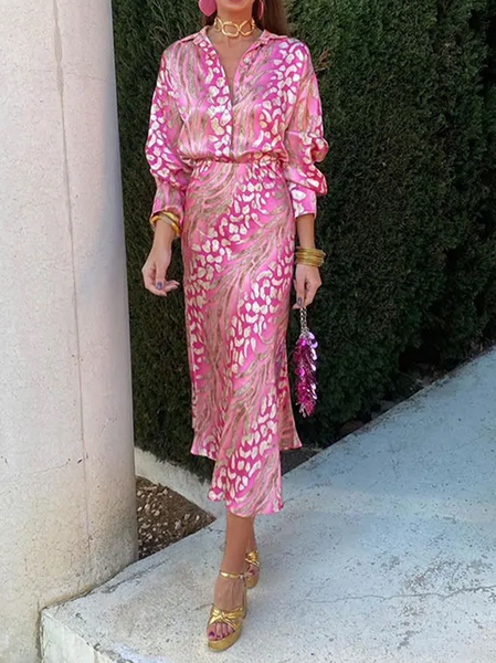 

Women Floral Printing Two-Piece Set Daily Long Sleeve Casual Spring/Fall Top With Skirt Matching Set, Pink, Suit Set