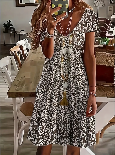 

Women Floral Short Sleeve Summer Printing Dress V Neck Daily Casual Midi Fit & Flare Dress A-Line Dress, Brown, Casual Dresses